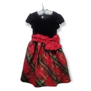 Bonnie Jean Girls Holiday Dress Blk Faux Velvet Red Plaid Skirt Fully Lined Sz6X